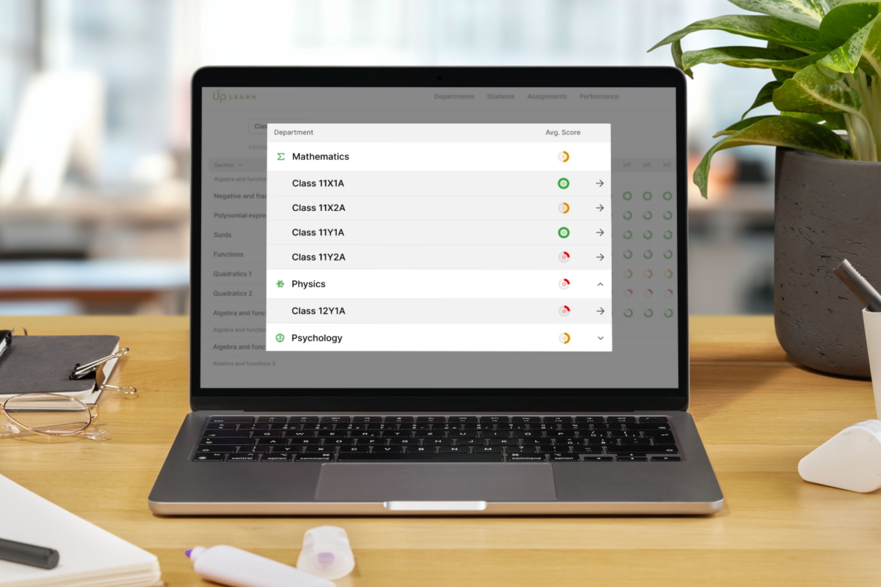 Computer screen showing Up Learn's teacher dashboard with scores shown across classes