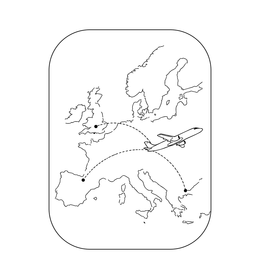 Outline map of Europe with an airplane and dotted lines showing flight routes between cities.