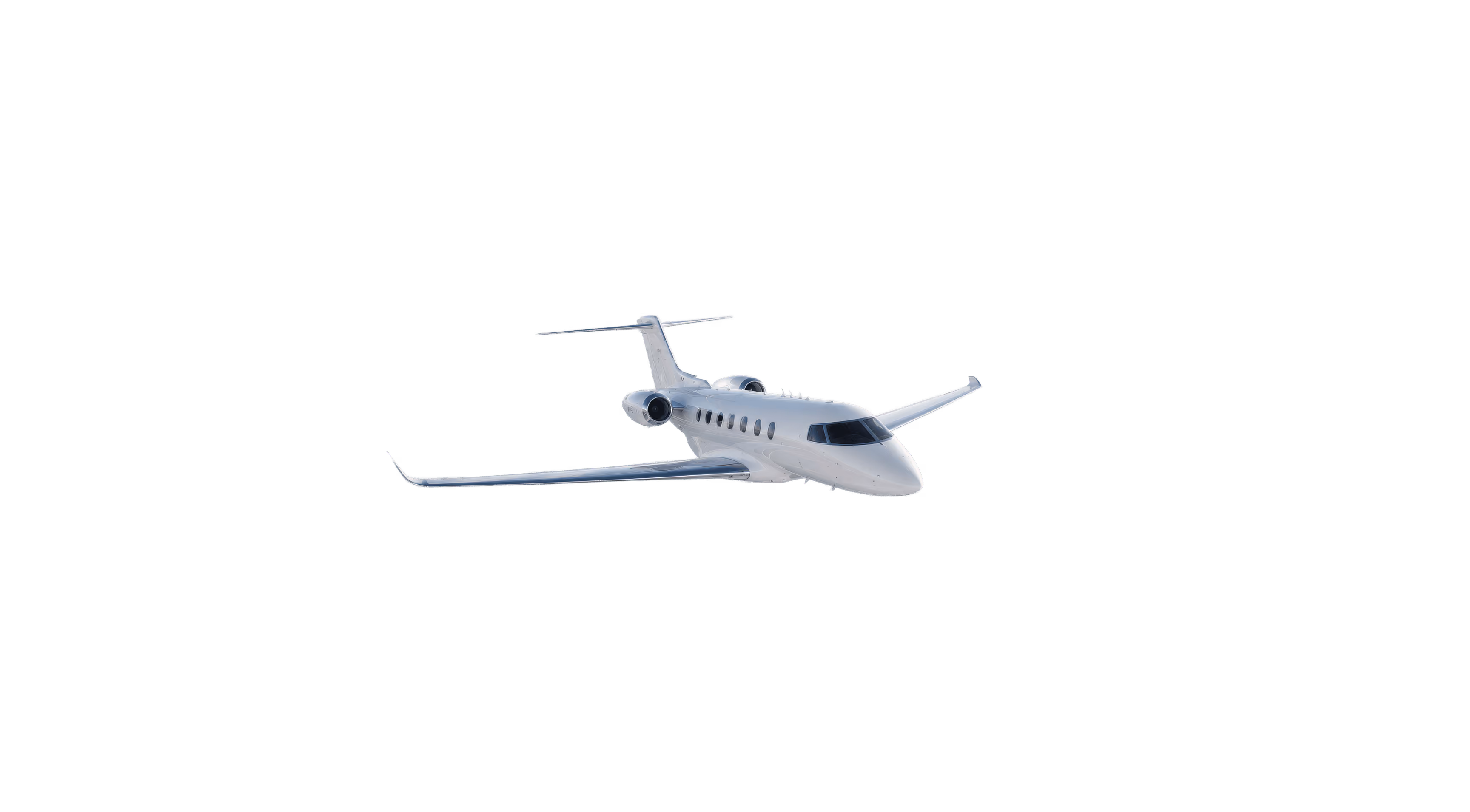 White private jet airplane seen from the front flying against a transparent background.