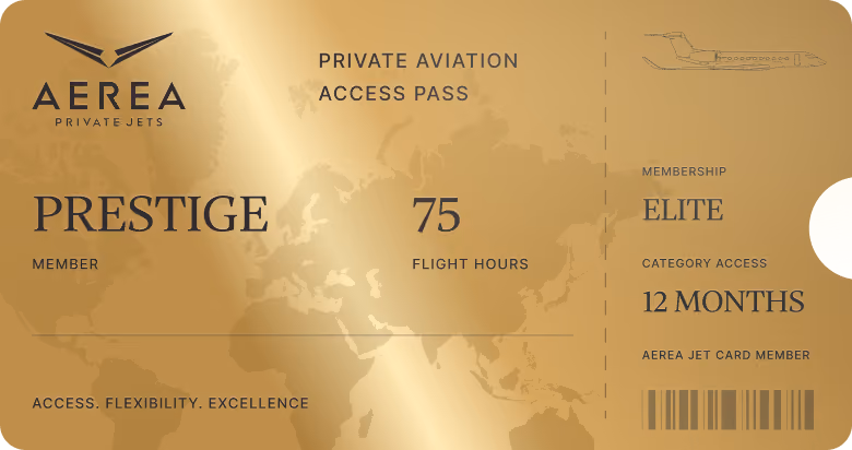 AEREA Signature Jet Card with 100+ flight hours and private aviation access pass featuring a world map.