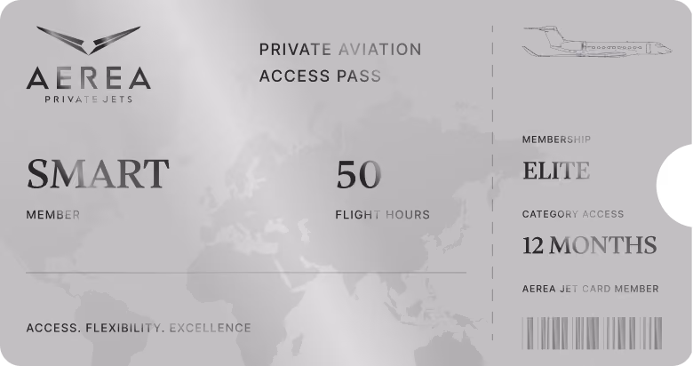 Gold AEREA Executive Jet Card with 50 flight hours with accompanying private aviation access pass.