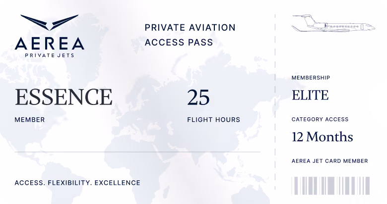 Silver AEREA Essential Jet Card with 25 flight hours shown alongside a private aviation access pass.