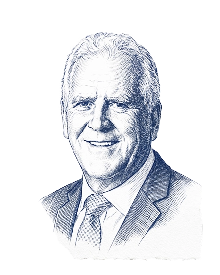Blue pen sketch of an older man with short hair in a suit and tie smiling.