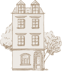 Illustration of a four-story beige building with trees behind and a front door with windows.