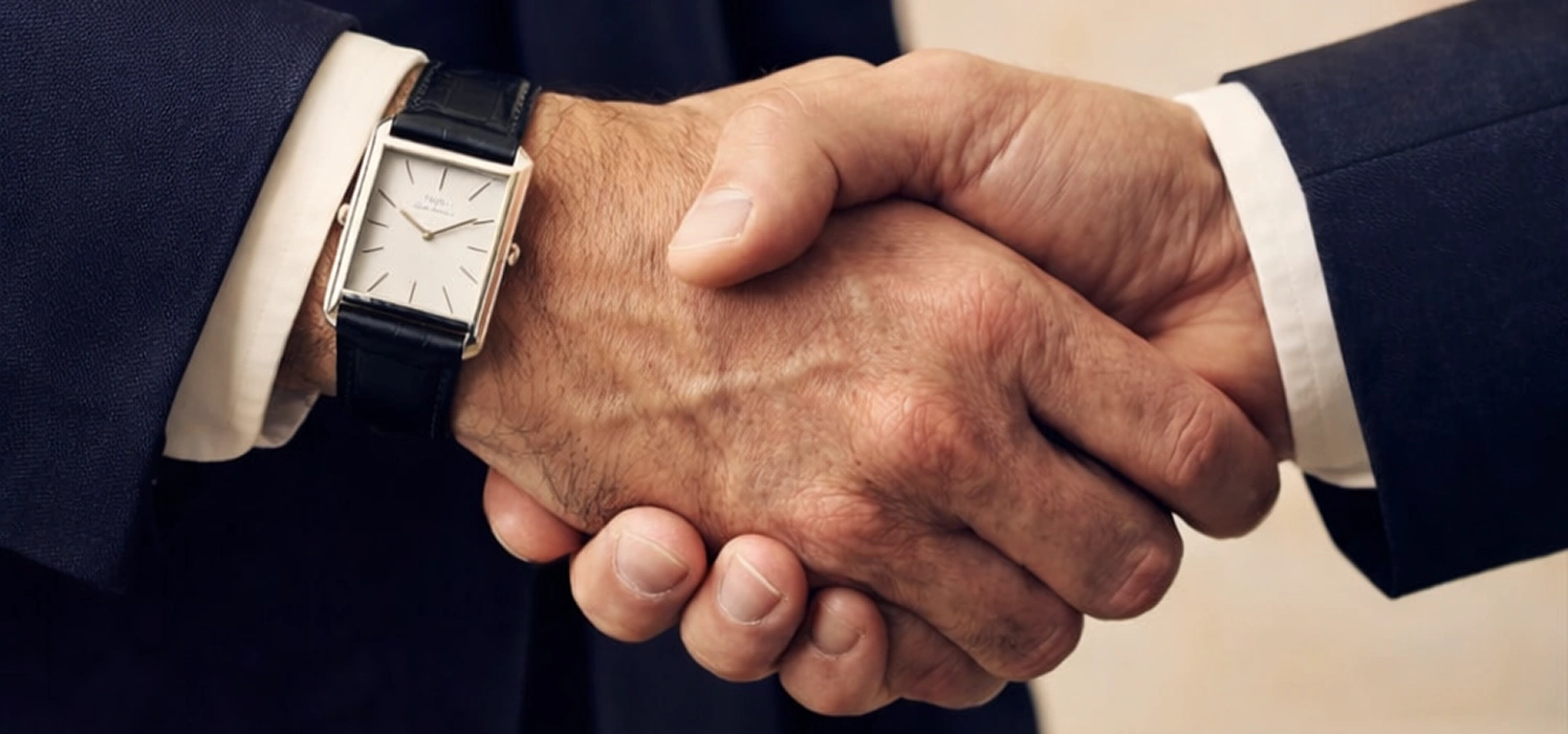 Close-up of a handshake between two men wearing dark suits and white shirts.