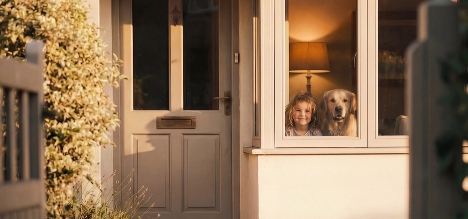 Child and golden retriever dog looking out through a house window together at dusk.