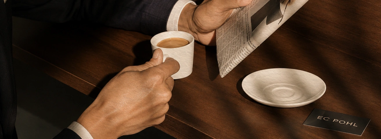 Person holding a cup of coffee and reading a newspaper at a wooden table with an empty saucer.