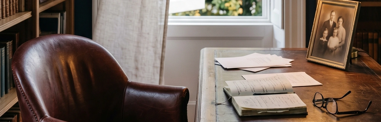 Brown leather chair beside a wooden desk with papers, an open notebook, glasses, and a framed family photo.