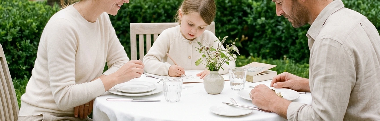 Parents and child sitting at a white table outdoors; the child is drawing while parents watch and eat.