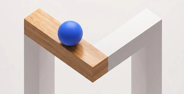 Blue sphere resting on a wooden corner of an impossible white geometric structure.