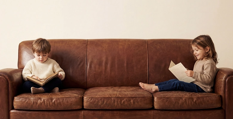 Two children sitting on opposite ends of a brown leather couch reading books, smiling.