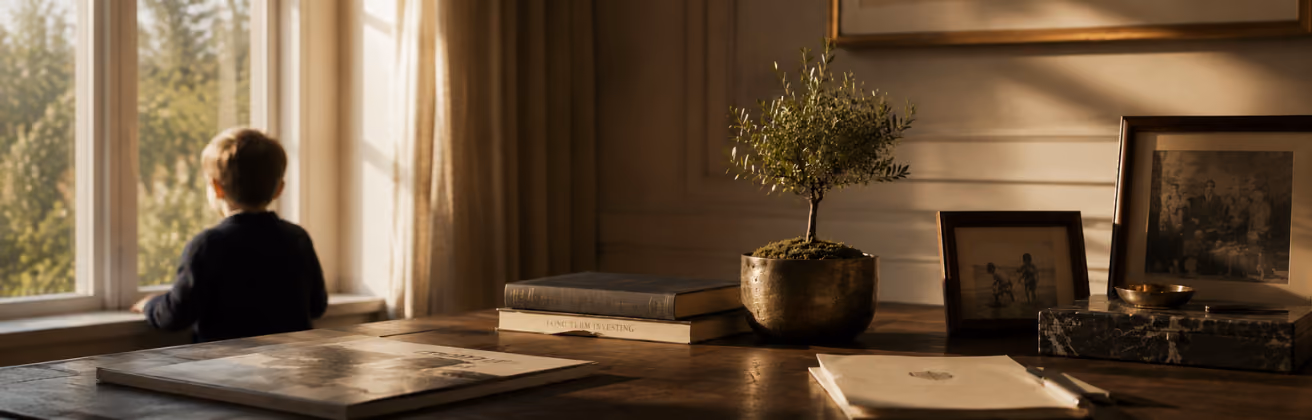 A young boy with short hair and dark clothing looks out a window with daylight illuminating a wooden table beside him. The table holds a small potted plant in a metallic pot, two stacked books with one titled 'Long Term Investing,' framed photos, a marble box, a brass bowl, and a folder with a pen on top. The scene has warm, natural lighting and a cozy, contemplative atmosphere.