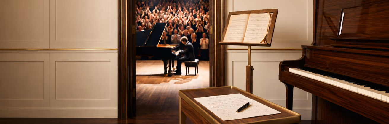 A pianist performs on a grand piano on stage facing an applauding audience, seen through an open doorway from a room with a wooden piano, a music stand with sheet music, and a table holding handwritten music and a pen.