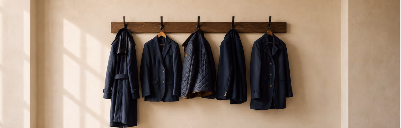Five dark-colored coats and jackets hanging on a wooden wall-mounted rack against a beige wall illuminated by natural light casting window shadows.