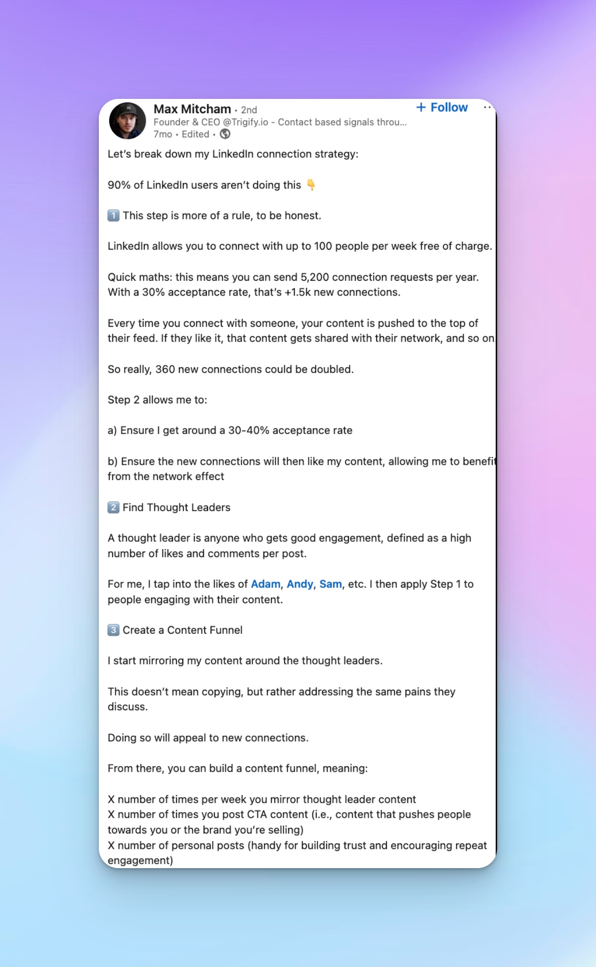 Linkedin post from Max Mitcham on his linkedin connection strategy