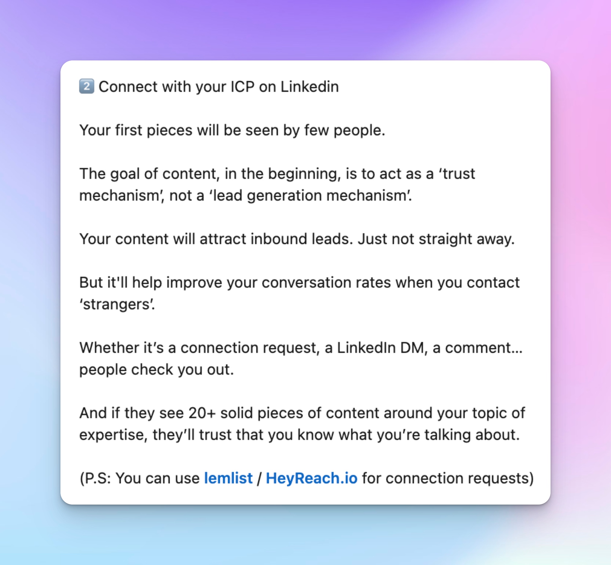 Part of the LinkedIn postfrom Michel Lieben from Coldiq on how to connect with ICP on LinkedIn