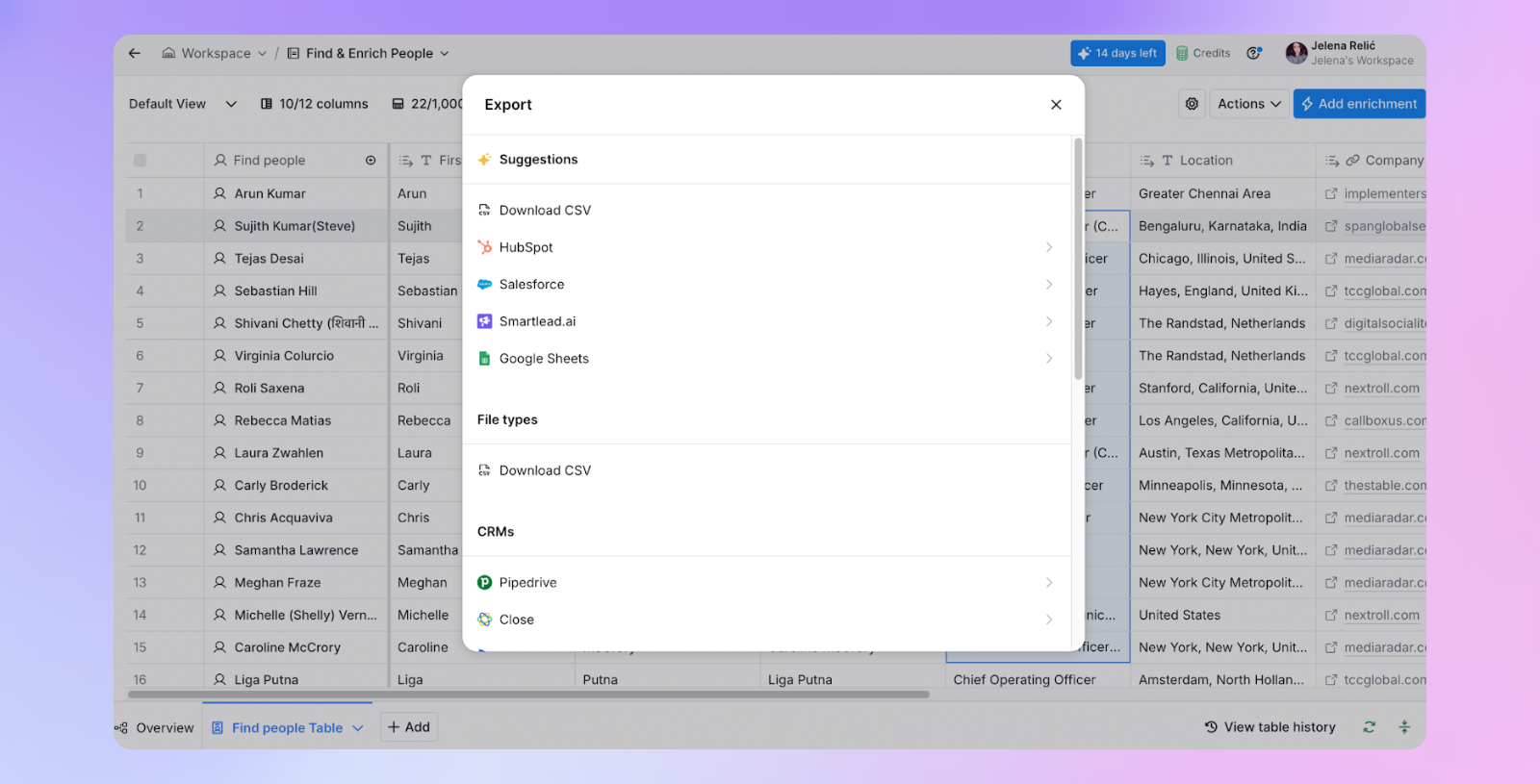 Exporting an enriched lead list from Clay