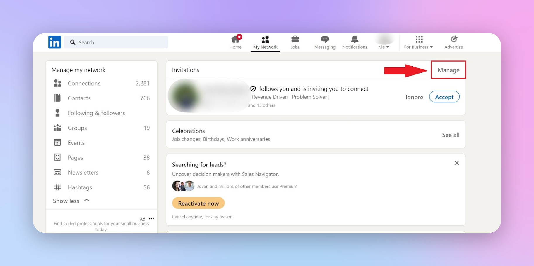 LinkedIn invitation manager, Sent tab, with Withdraw button
