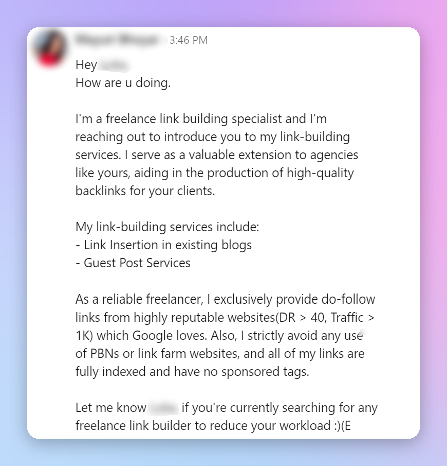 Long LinkedIn connection request opening with a sales pitch
