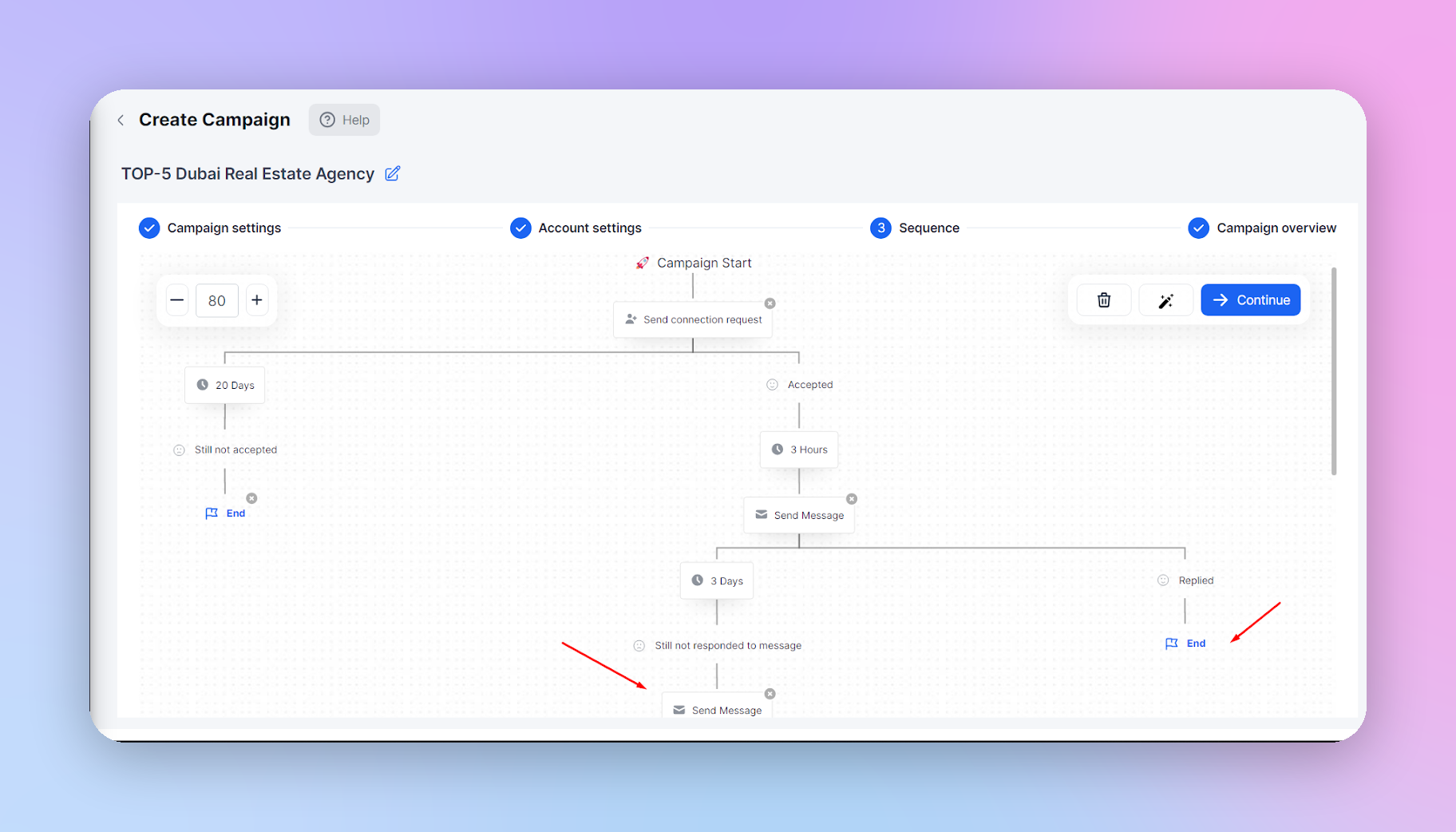 First follow-up step added after the opening LinkedIn message in HeyReach
