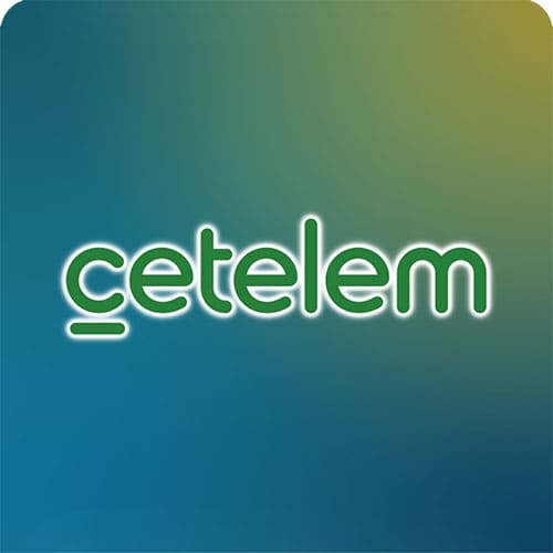 Logotipo de Cetelem con texto verde sobre fondo degradado azul y amarillo.