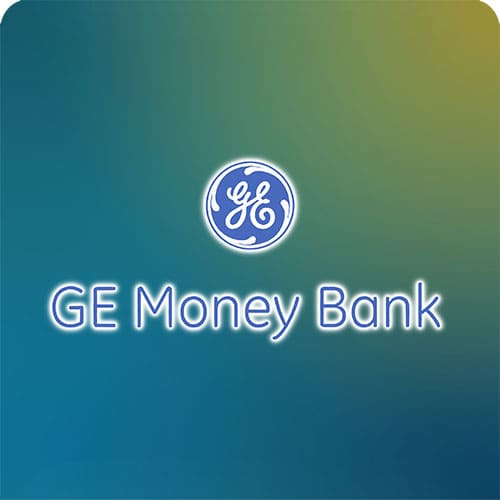 Logotipo de GE Money Bank con fondo degradado azul y verde.