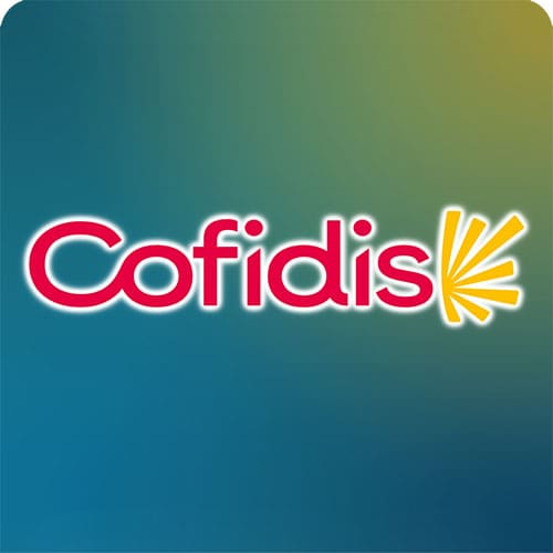 Logotipo de Cofidis sobre fondo degradado azul y verde.