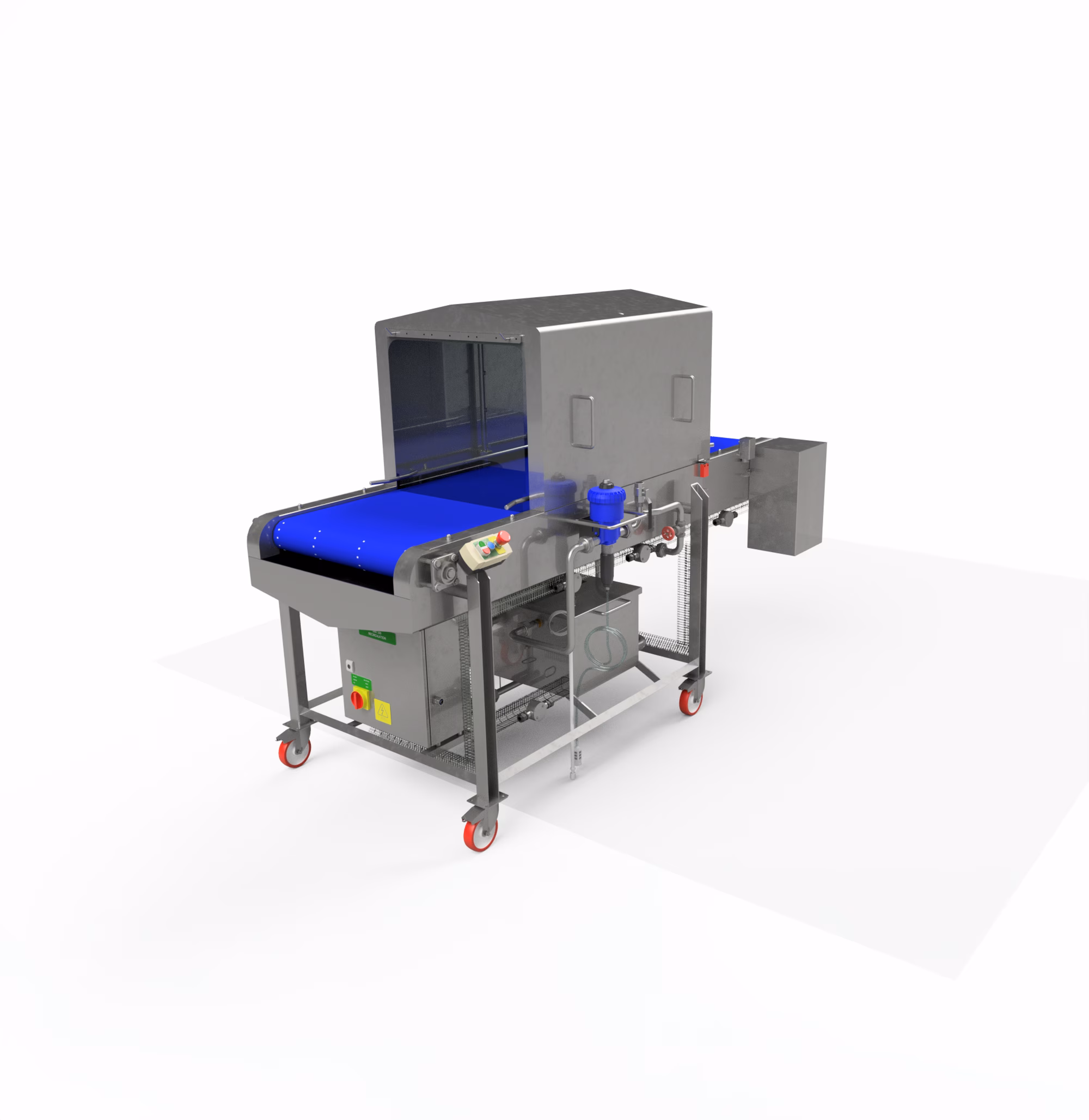 Industrial conveyor belt with a blue belt, encased in a metallic structure on wheels, featuring control buttons and mechanical components.