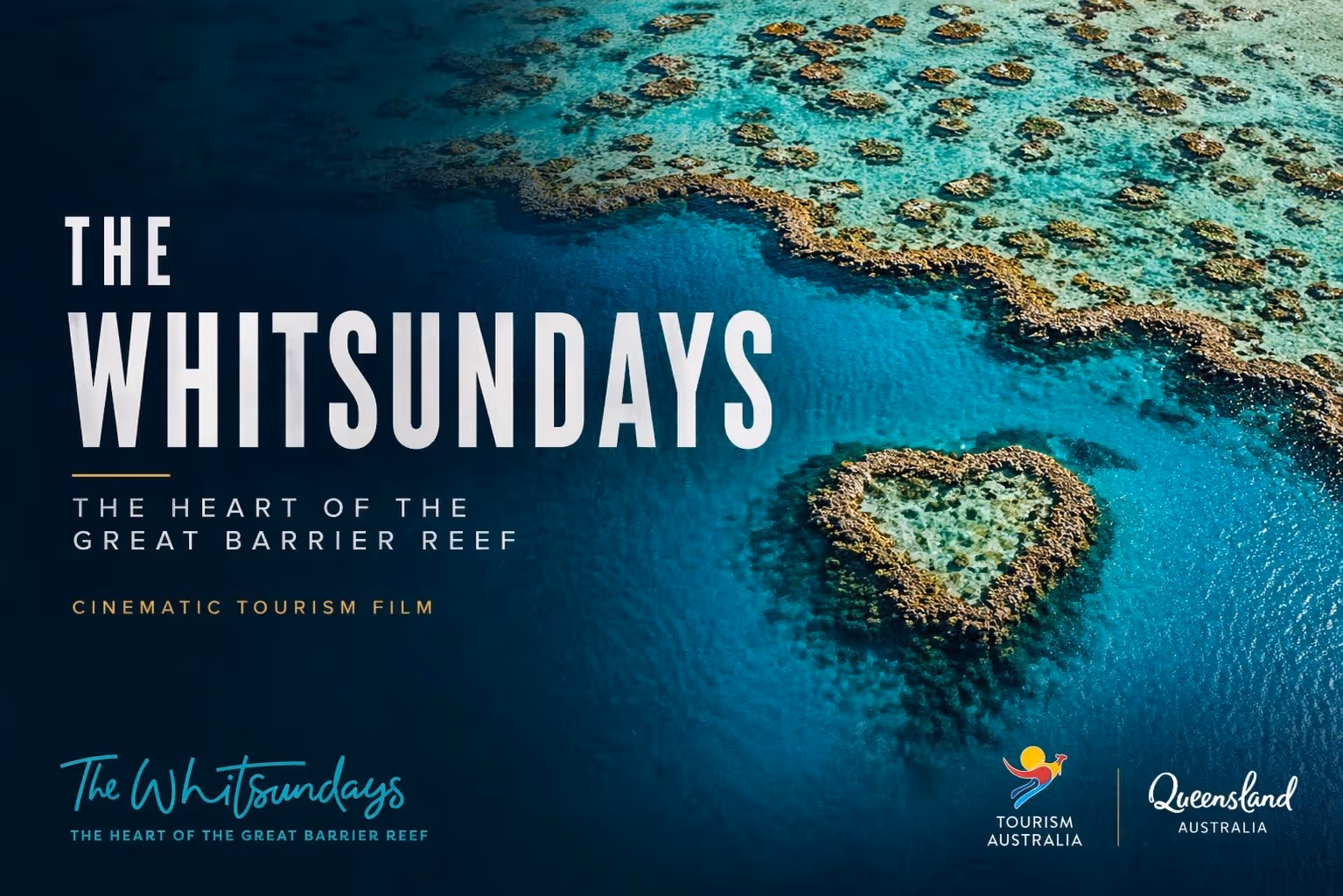 Aerial view of the heart-shaped coral formation in the Great Barrier Reef with text promoting The Whitsundays, the heart of the Great Barrier Reef, by Tourism Australia and Queensland Australia.
