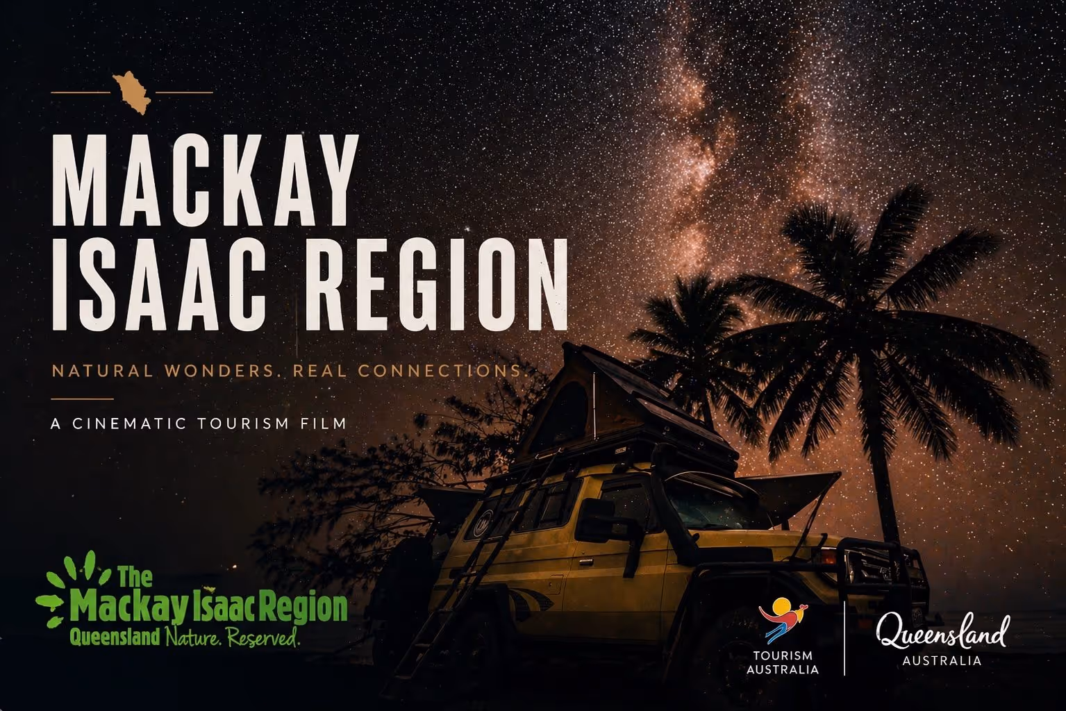 Night sky filled with stars and the Milky Way above palm trees and a camper vehicle with a tent on top in Mackay Isaac Region.