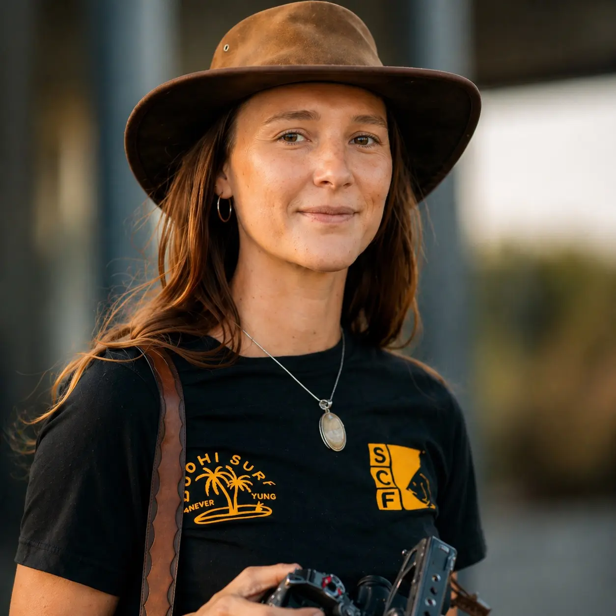 Woman wearing a brown wide-brim hat and black t-shirt with orange designs, holding a camera.