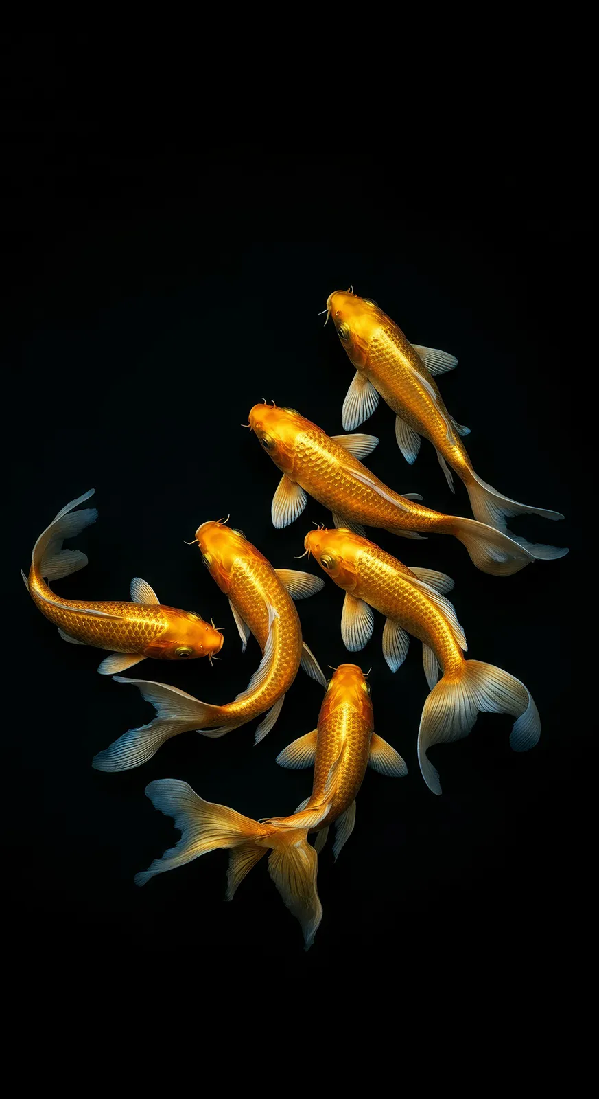 Six golden koi fish swimming against a black background.
