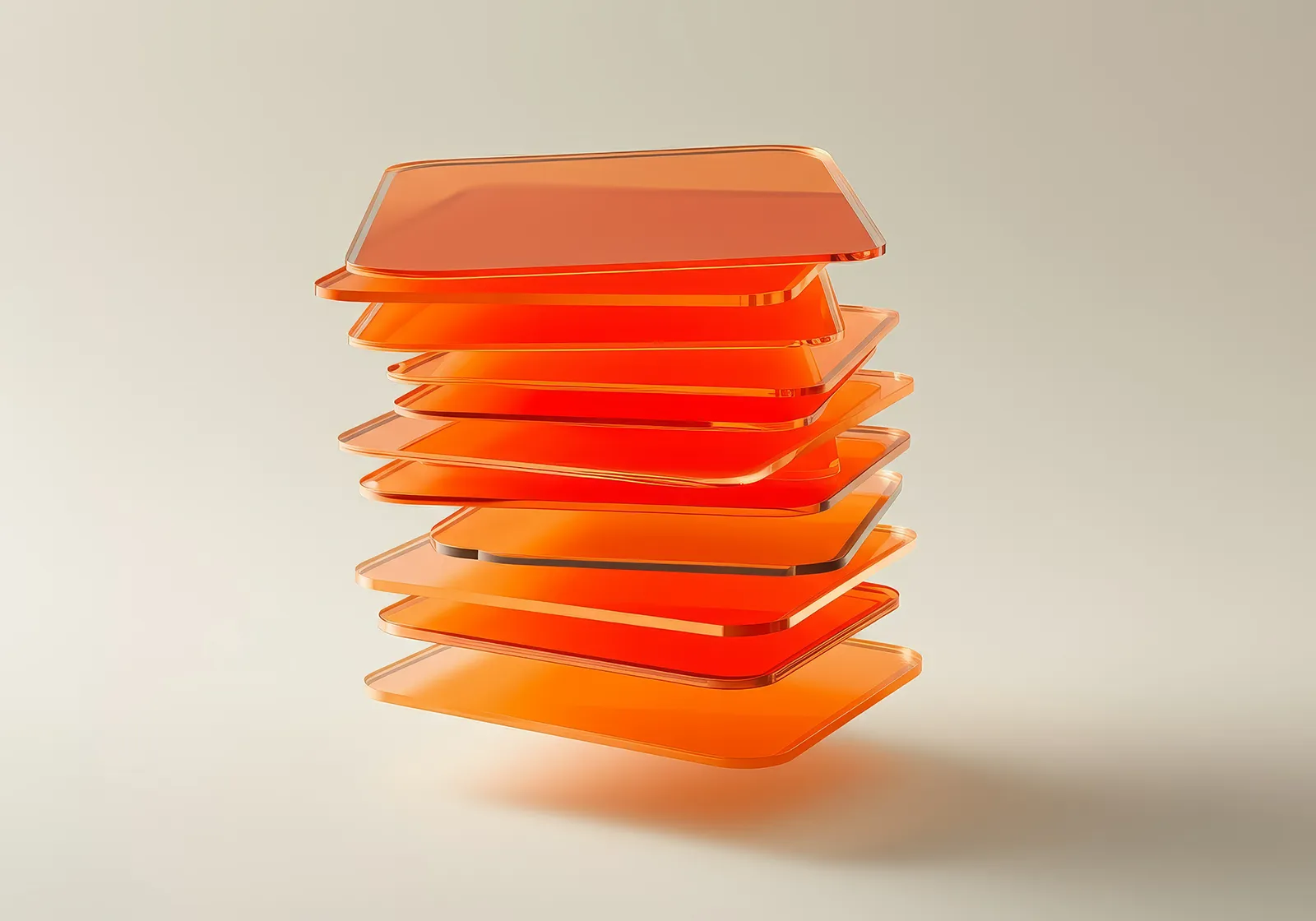 Stack of floating translucent orange rectangular glass-like layers on a neutral background.