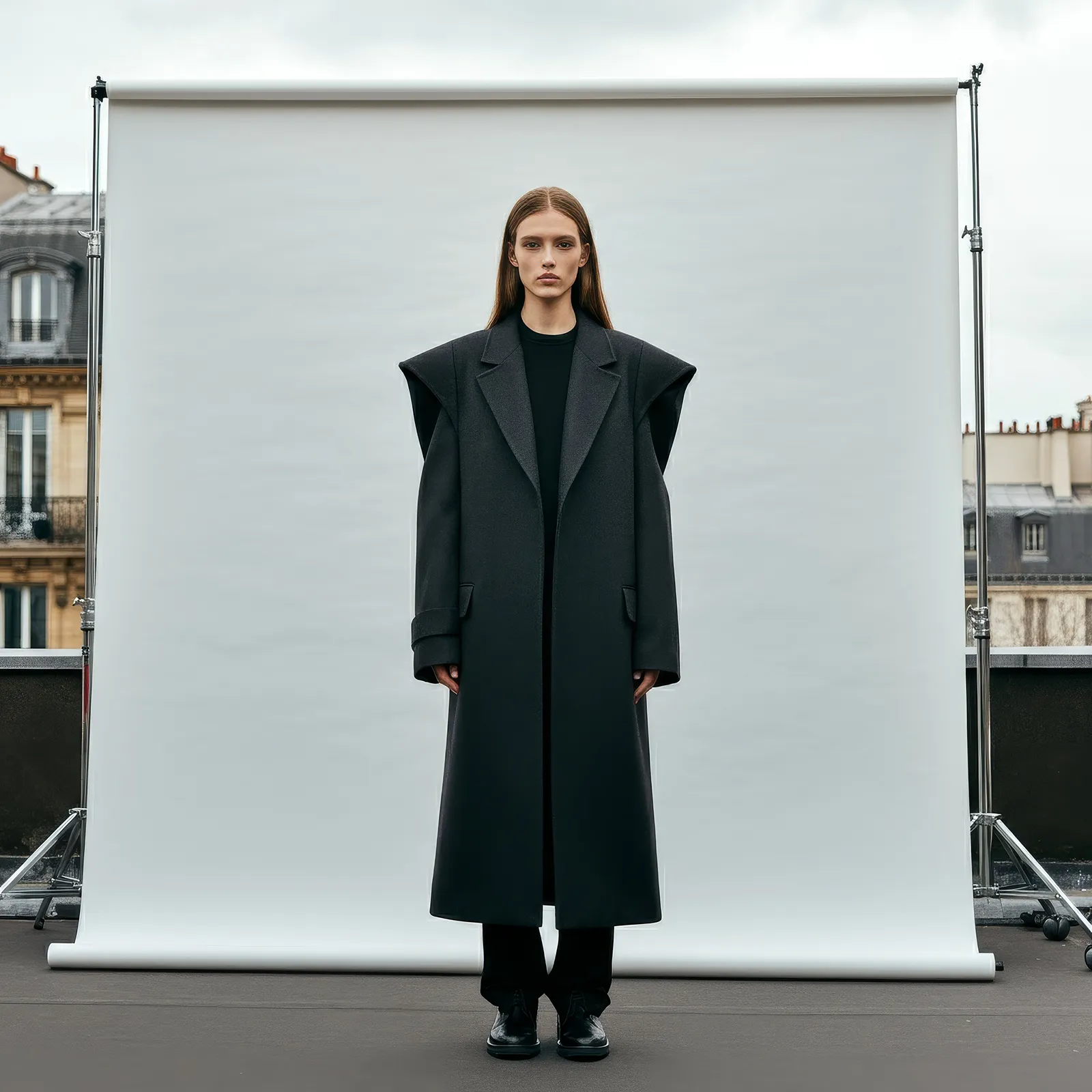 Model in a long black coat with exaggerated shoulders standing against a white backdrop outdoors.