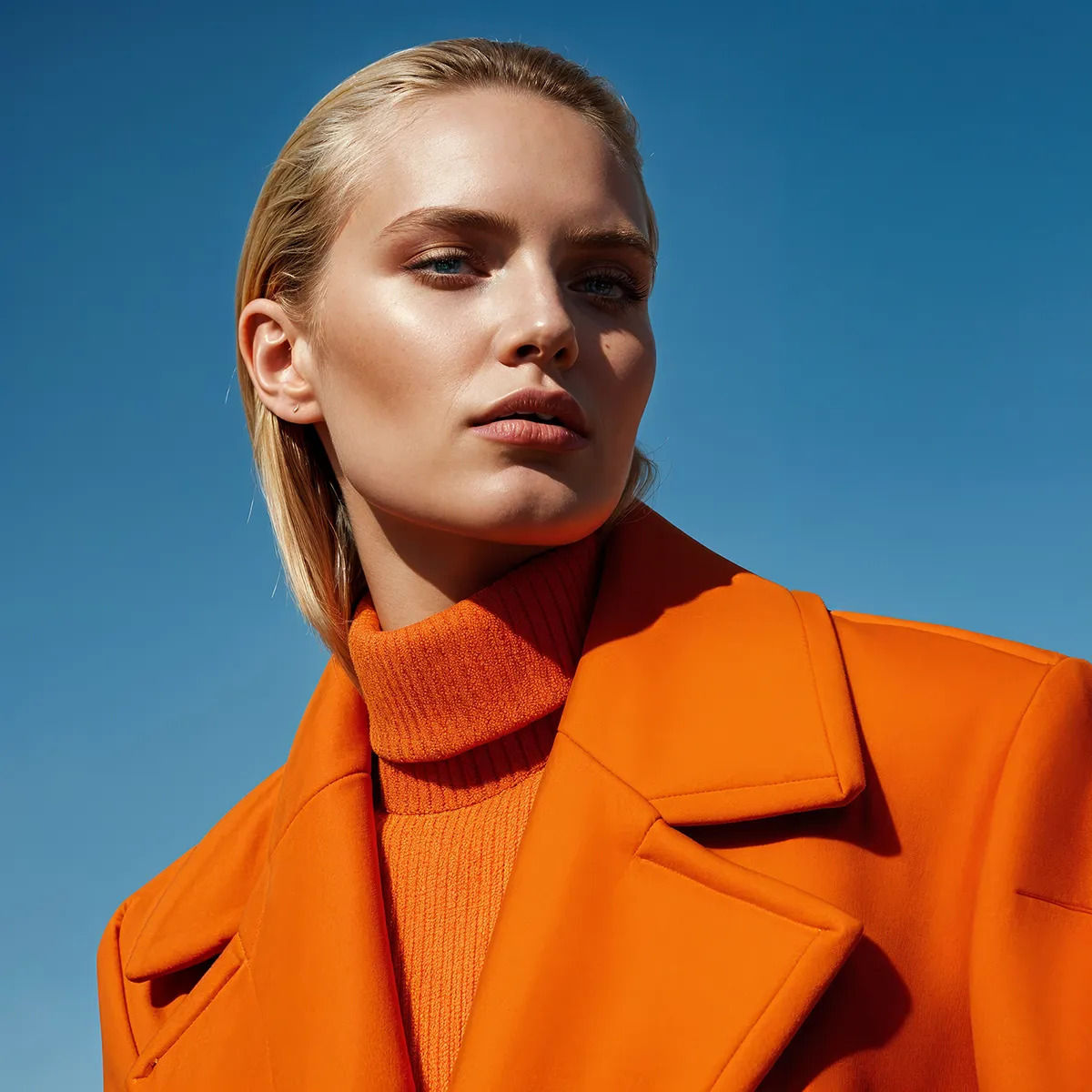 Close-up of a woman in an orange coat and turtleneck against a clear blue sky.