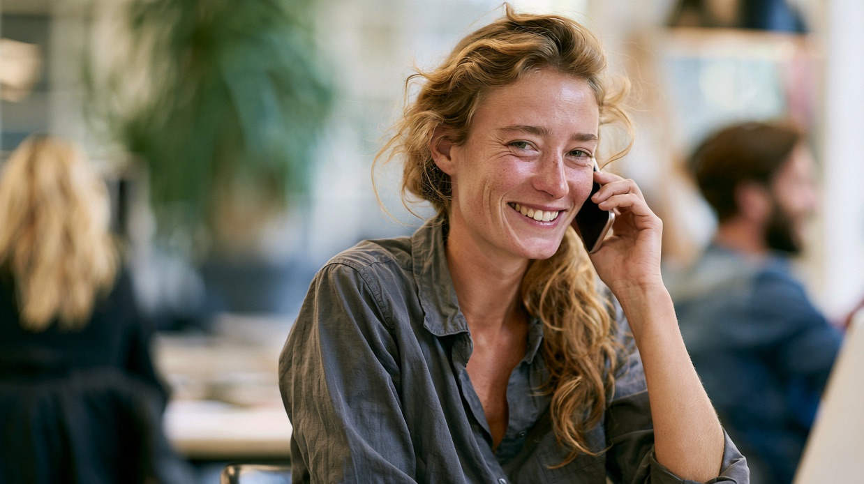 Account manager at her desk finishing a customer call