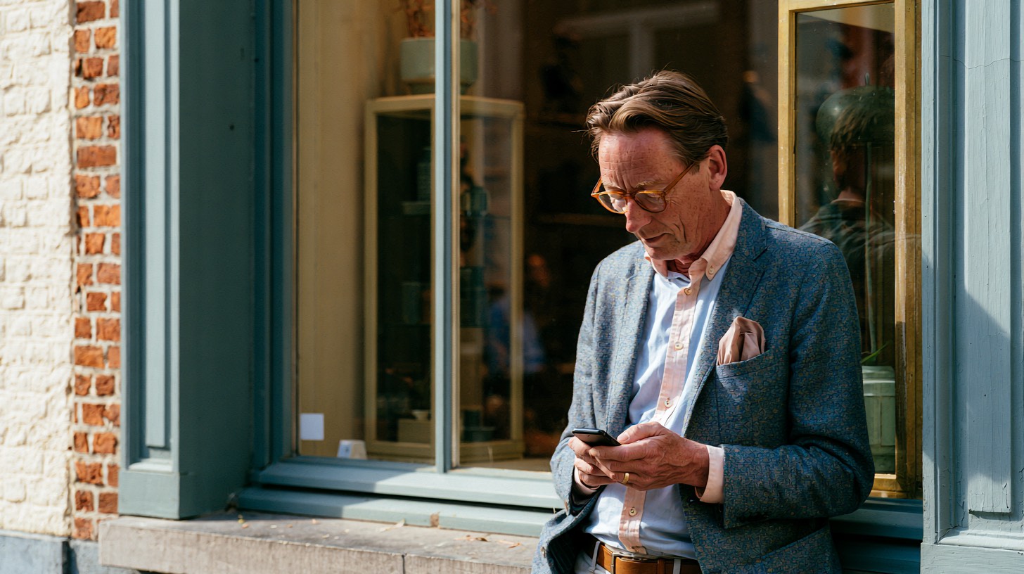 Business owner reading AI answers about his calls on his phone