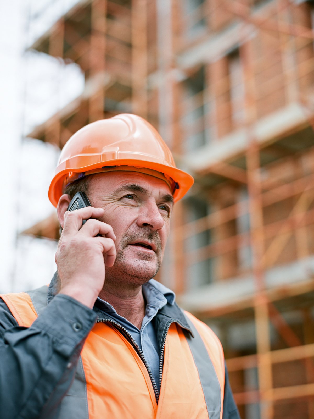 Site manager on a construction site taking a call