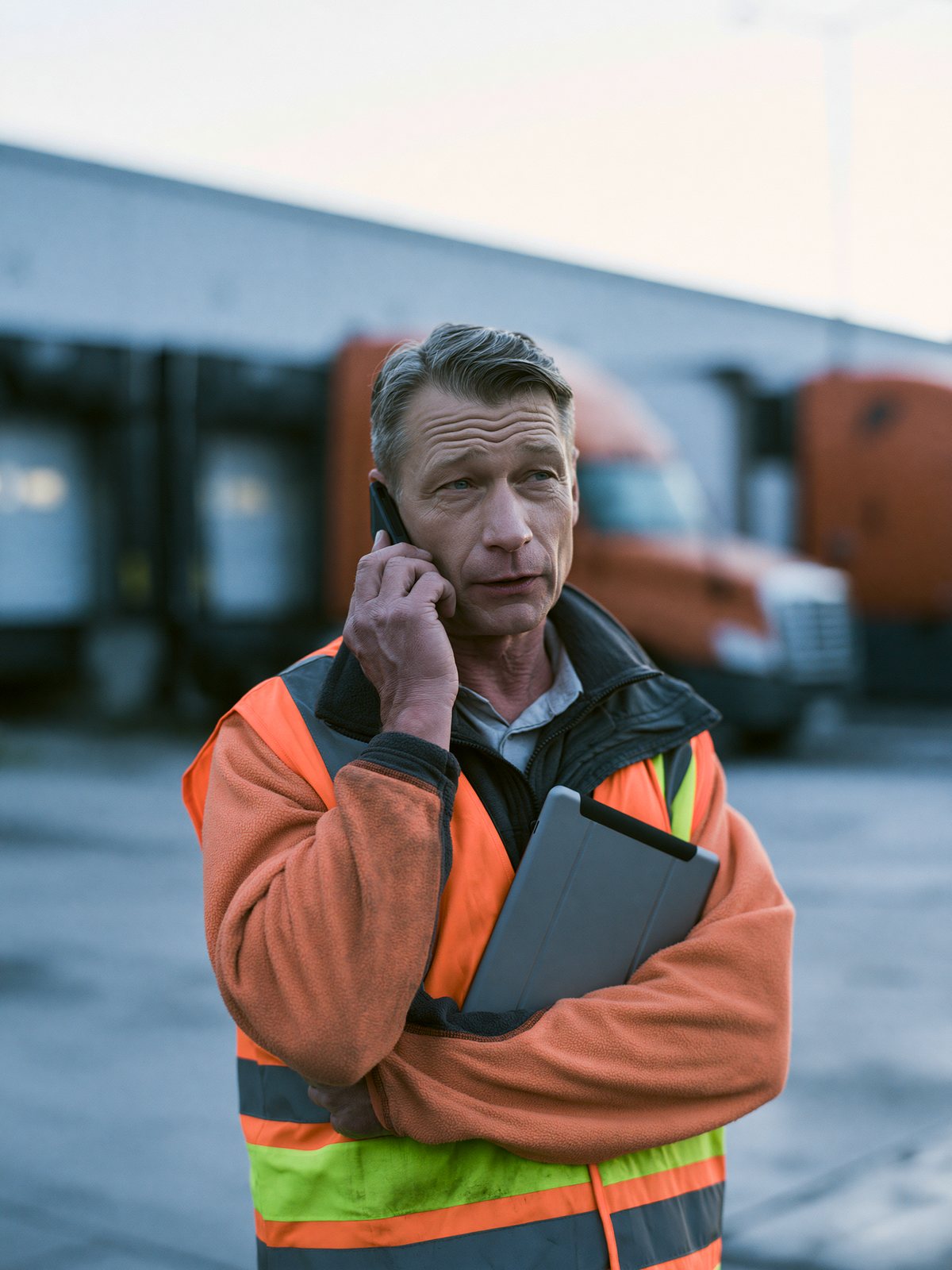 Logistics planner at a loading dock taking a call