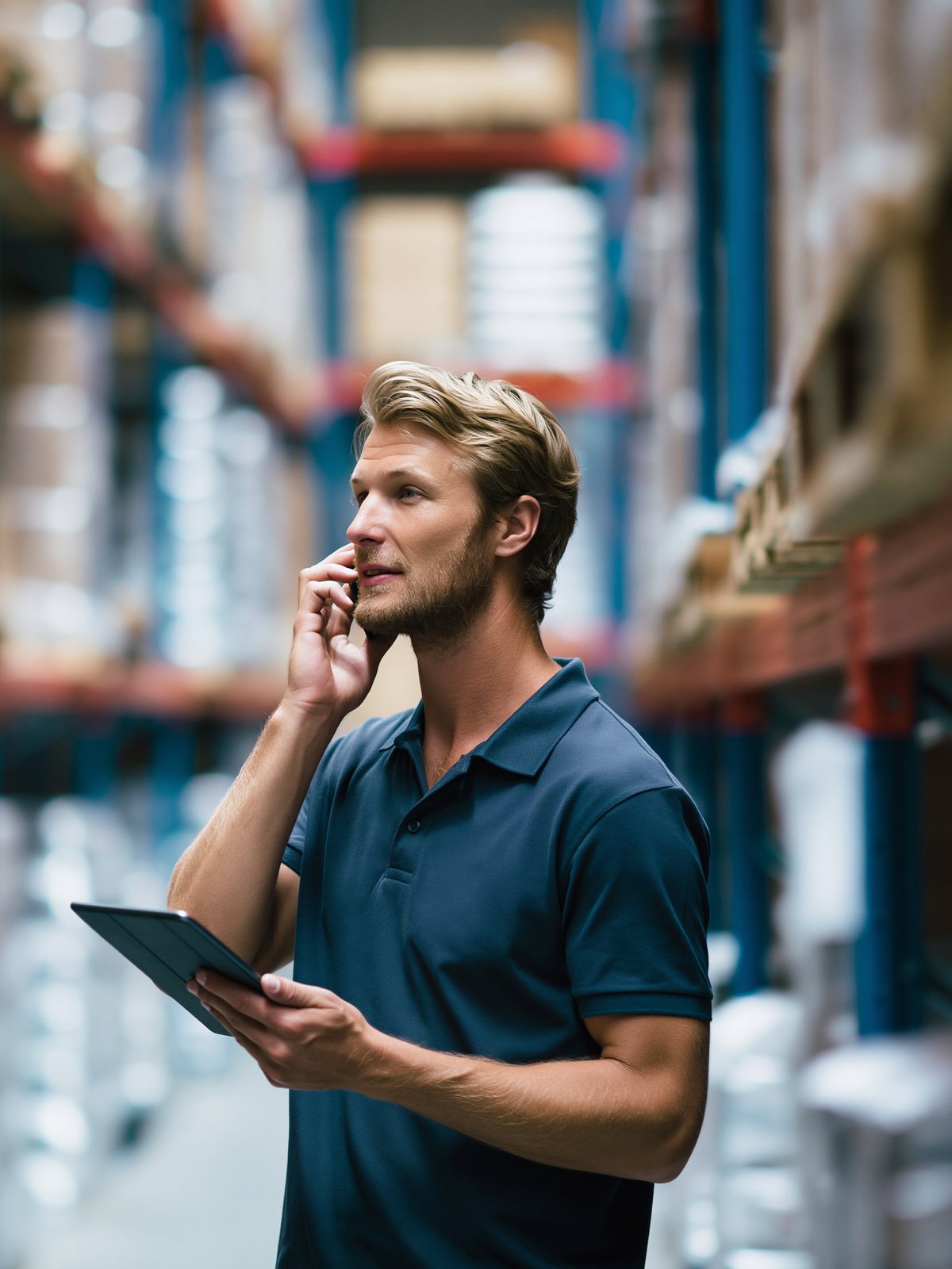 Account manager in a warehouse, taking an order call
