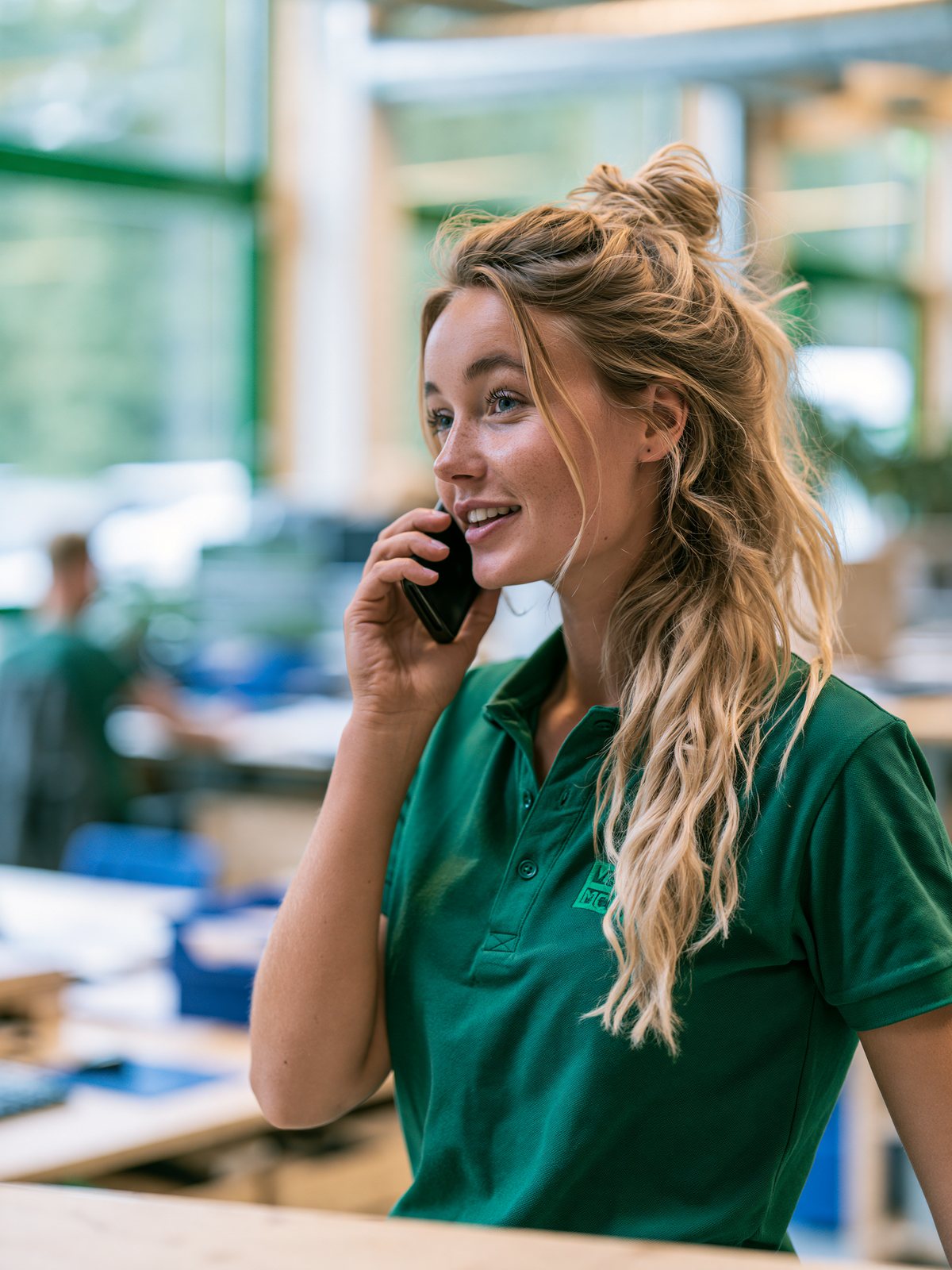 Office employee with a headset at her desk