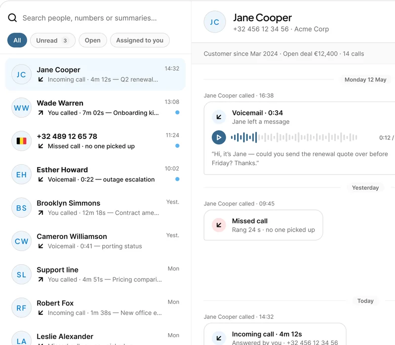 Telsmart Conversations inbox with calls, voicemails and missed calls grouped per contact
