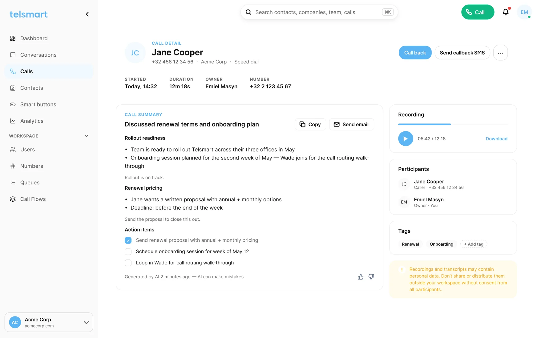 Telsmart AI call summary with action items, call recording and tags after a customer call