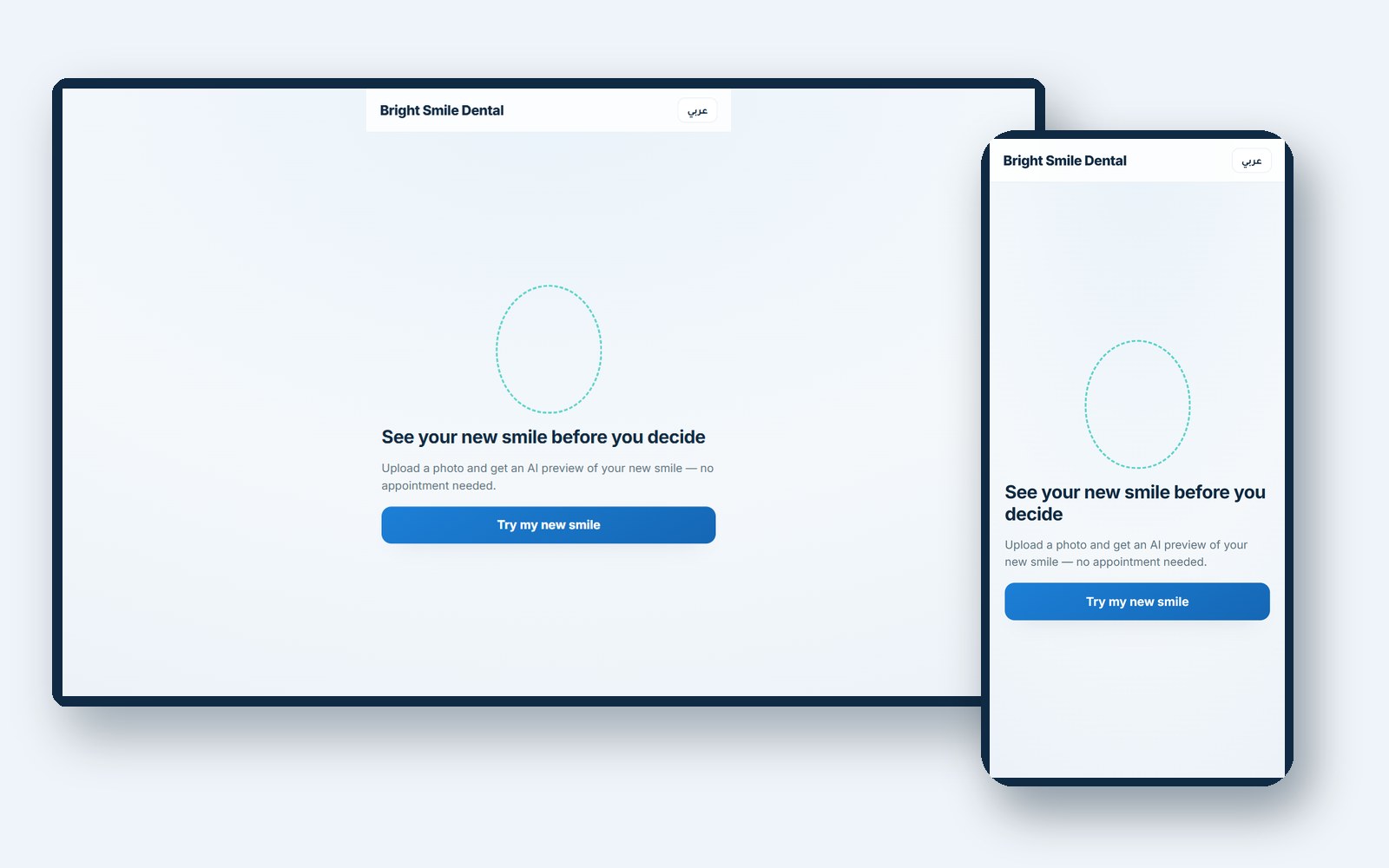 The Smileproof smile widget on a clinic website, shown on a laptop and a phone with the try-my-new-smile upload screen