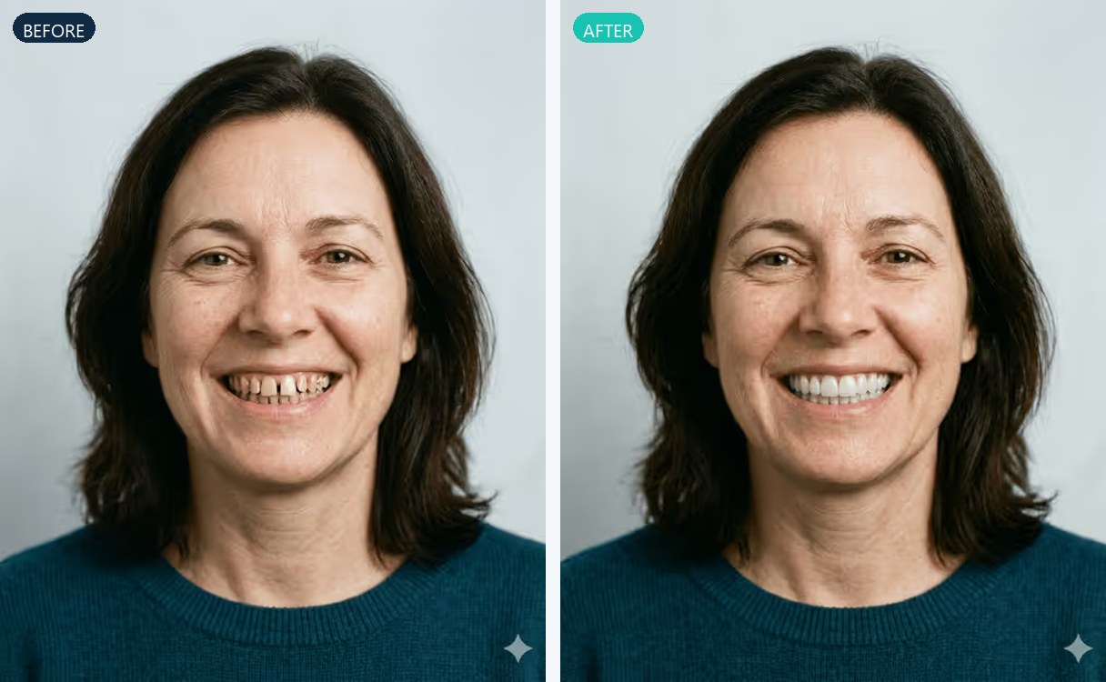 Full smile makeover preview: crowded, worn teeth before and a simulated Hollywood smile after, same patient