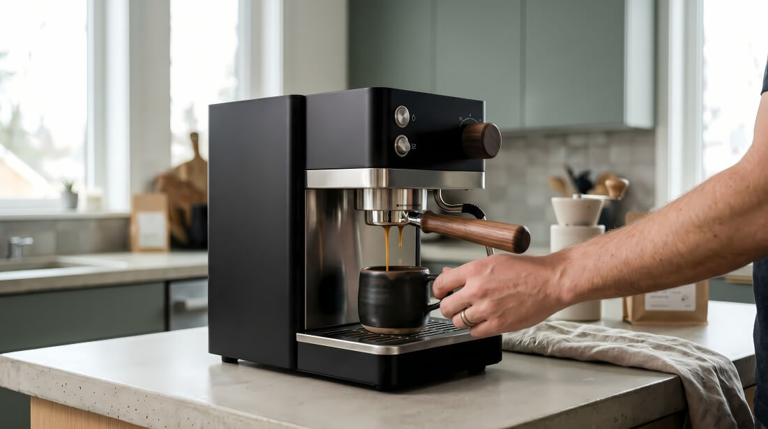 Professional espresso coffee machine preparing a fresh coffee in a modern kitchen, with rich espresso pouring into a cup against stylish wooden accents and contemporary kitchen design.