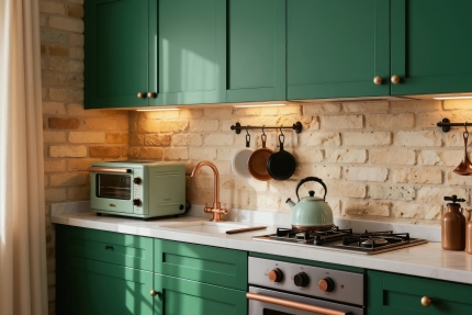 Modern kitchen with green cabinets, exposed brick wall and stylish domestic appliances including a toaster oven and kettle, showcasing contemporary kitchen design and home appliances.