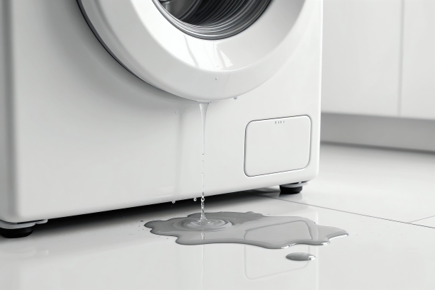 Leaking washing machine causing water to pool on the kitchen floor, highlighting the importance of appliance repairs, appliance maintenance and replacing faulty domestic appliances to prevent water damage.