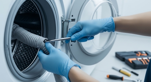Washing machine engineer in blue gloves repairing an internal hose on a front-loading washing machine.