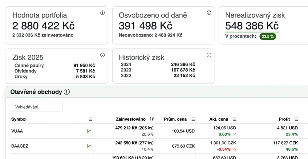 Přehled investičního portfolia v aplikaci Taxomat